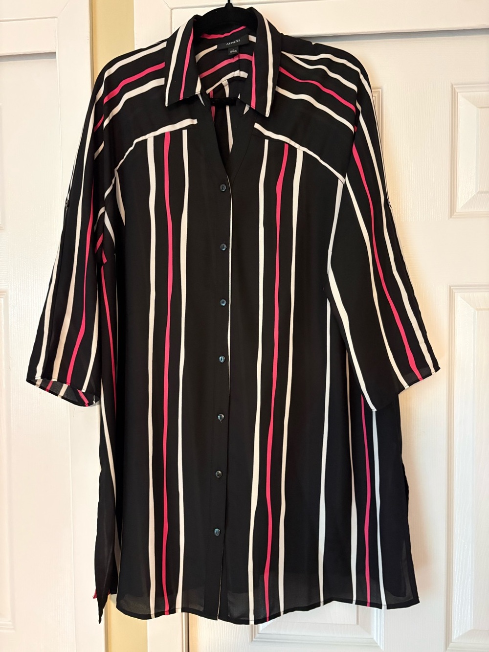 Alfani Black Blouse with Pink and White Stripes
